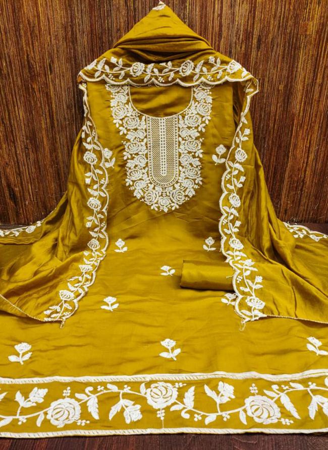 Cotton Mustard Festival Wear Embroidery Work Dress Material